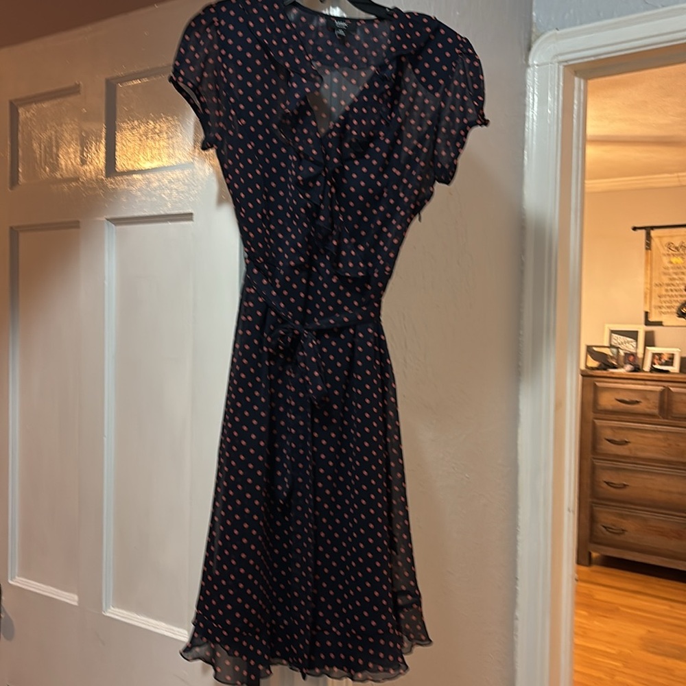 Navy blue with salmon colored polka dot dress - Picture 4 of 6